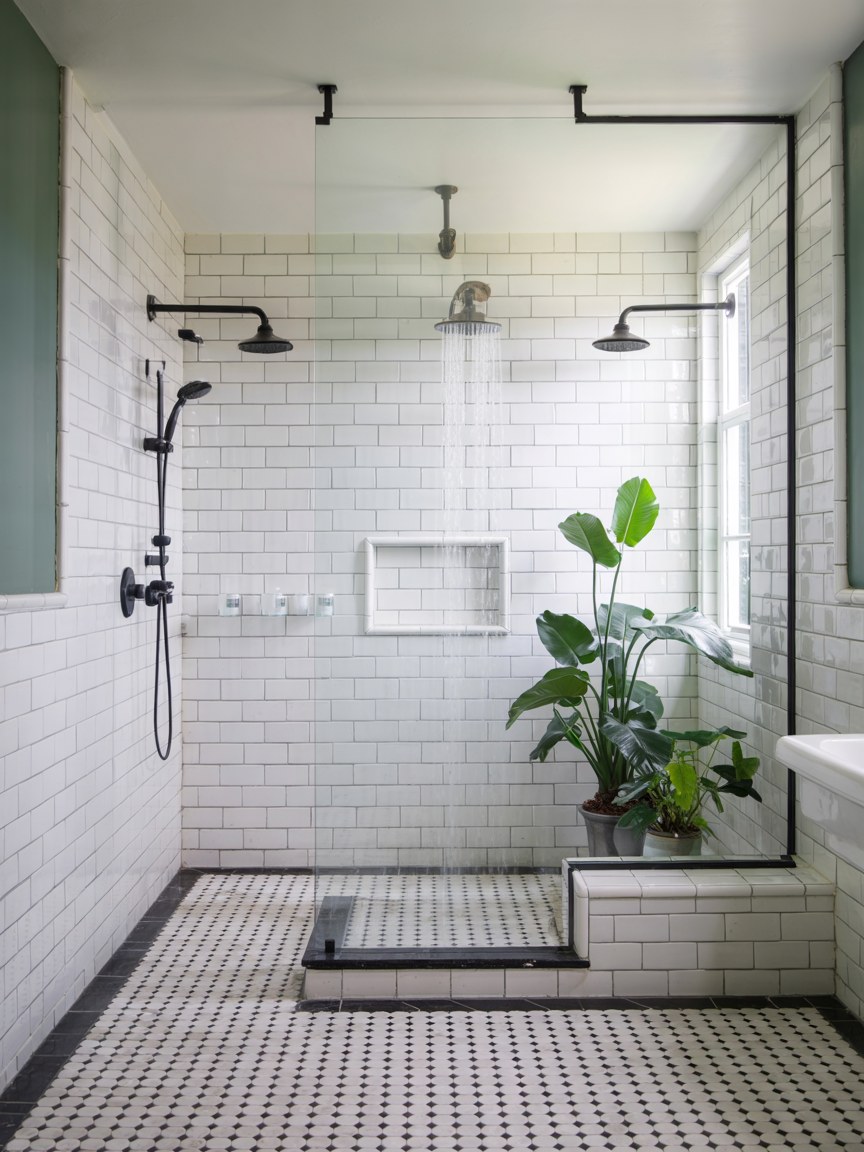 Modern Bathroom Design with Black Fixtures and Subway Tile Shower