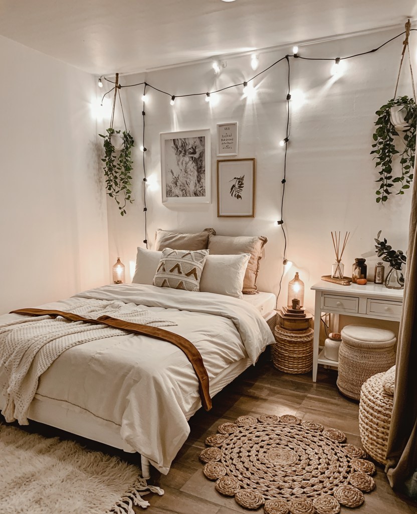 Cozy Bohemian Bedroom Ideas for Teenage Girls with String Lights