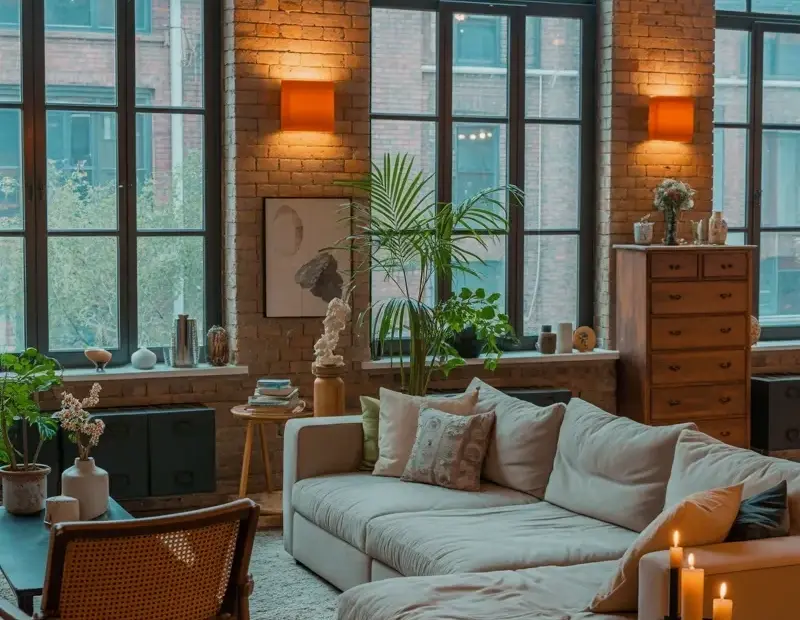 Industrial loft living room with beige sofa and brick wall details