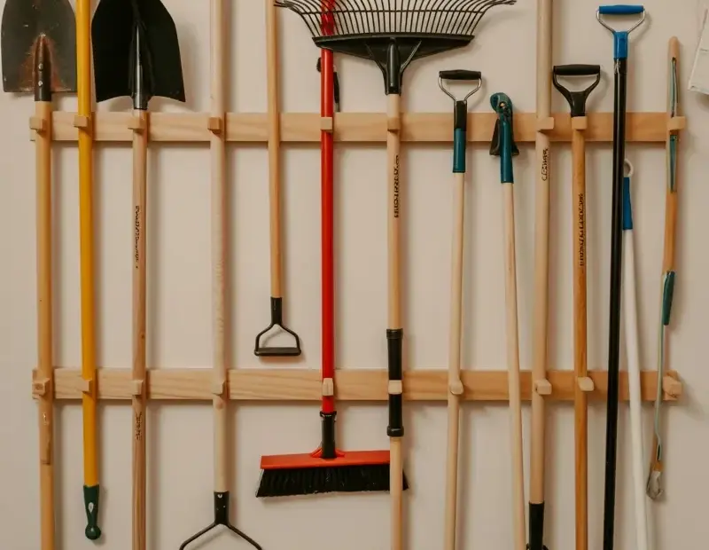 Wall mounted garden tool storage - broom and shovel organizer ideas for a tidy garage ๐งน