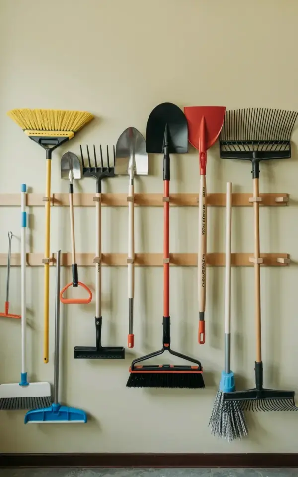 Spring Garden Tool Storage Ideas: Wall-Mounted Rack for Shovels & Rakes