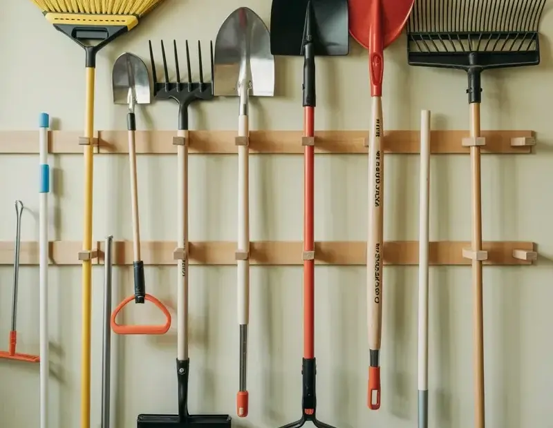 Spring Garden Tool Storage Ideas: Wall-Mounted Rack for Shovels & Rakes