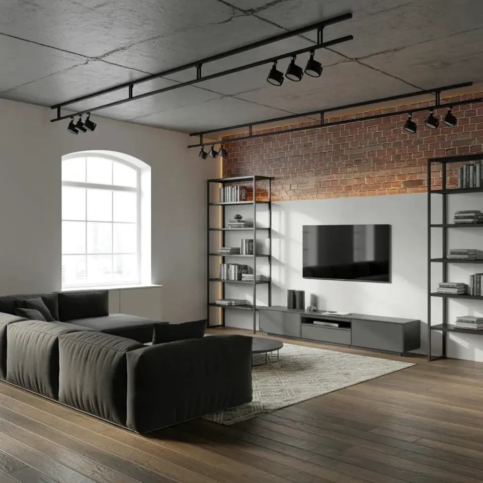 How to Decorate an Industrial Living Room with Exposed Brick & Concrete