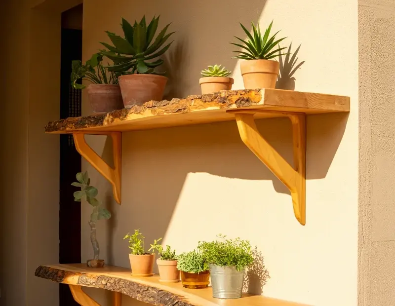 Industrial Decor | Live-Edge Wood Shelf Display with Plants | Loft Apartment Wall Ideas