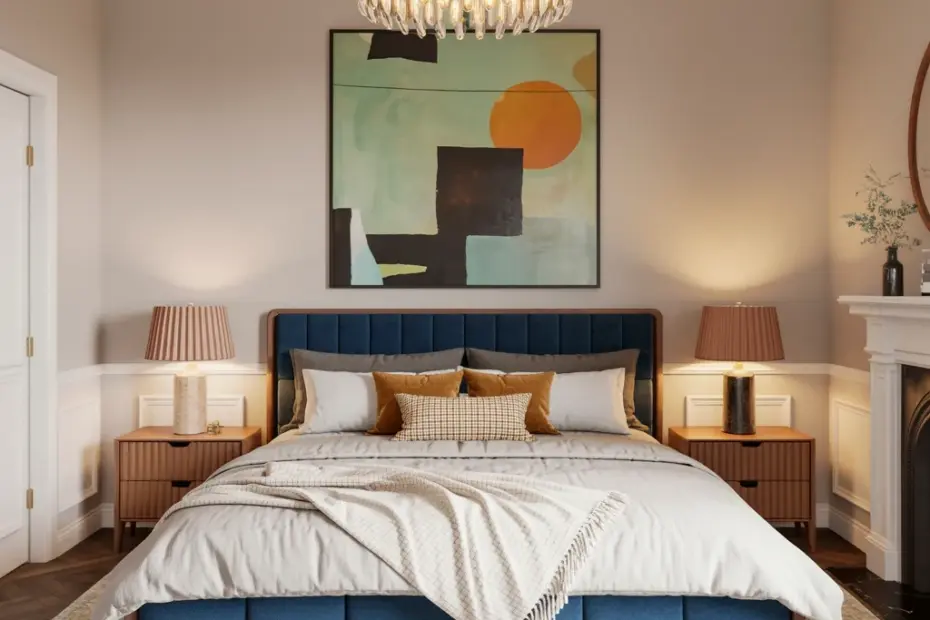 Industrial Bedroom Decor | Navy Blue Upholstered Bed with Abstract Art | Mid-Century Modern