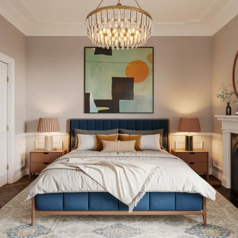 Industrial Bedroom Decor | Navy Blue Upholstered Bed with Abstract Art | Mid-Century Modern