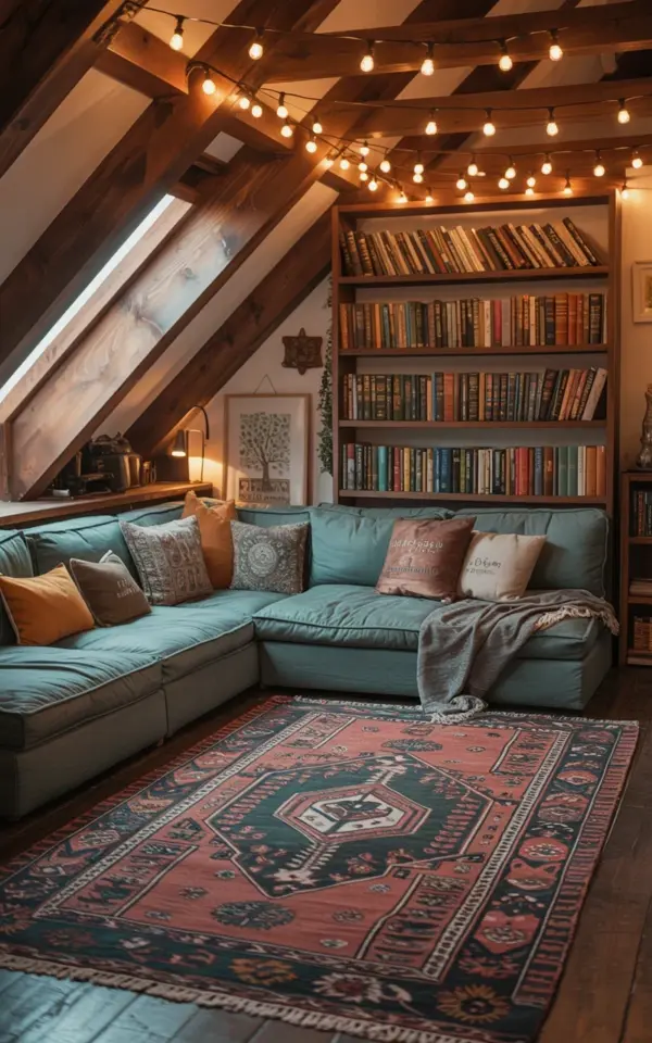 Industrial Steampunk Attic Reading Nook | Teal Sectional on Vintage Persian Rug | Cozy Book Nook Decor Ideas