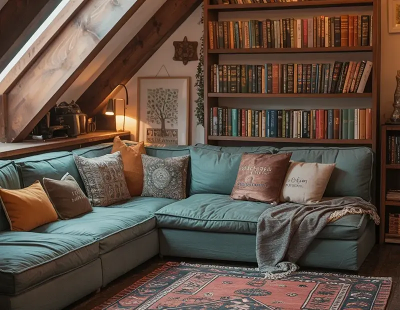 Industrial Steampunk Attic Reading Nook | Teal Sectional on Vintage Persian Rug | Cozy Book Nook Decor Ideas