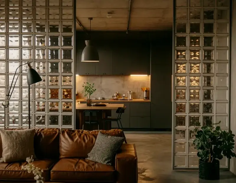 Moody Industrial Loft Interior with Glass Block Walls and Leather Sofa