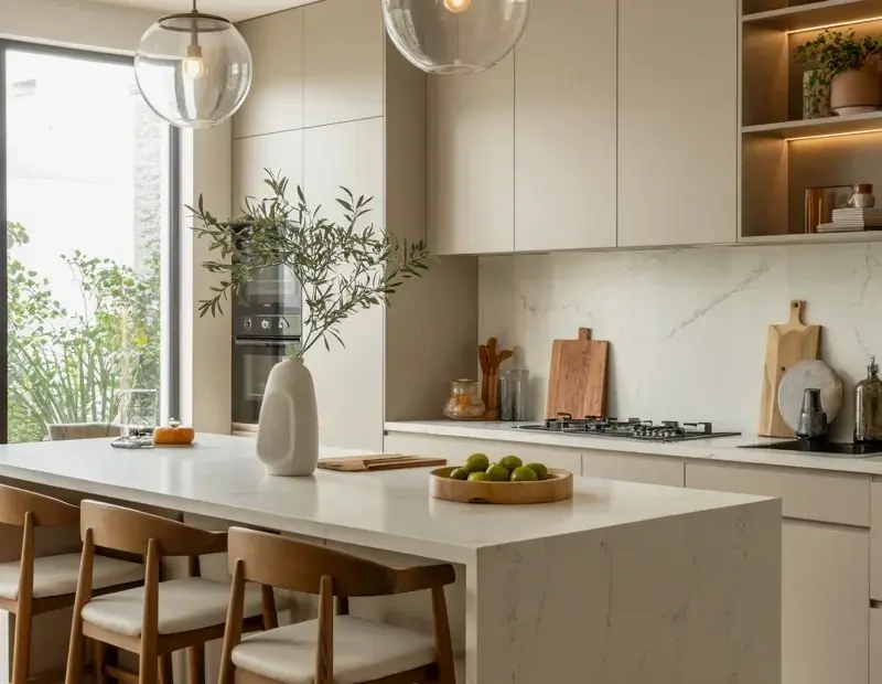 White Marble Waterfall Island Kitchen with Bronze Pendants and Wood Stools