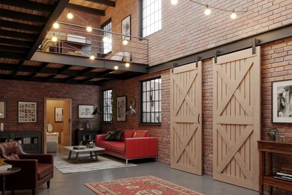 Industrial Loft Interior for Fall: Exposed Brick, Red Leather Couch & Sliding Barn Doors