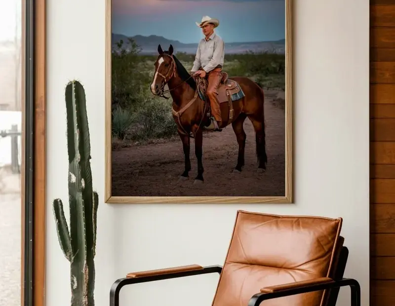 Cowboy Wall Art Over Leather Lounge Chair | Industrial Metal & Wood Living Room