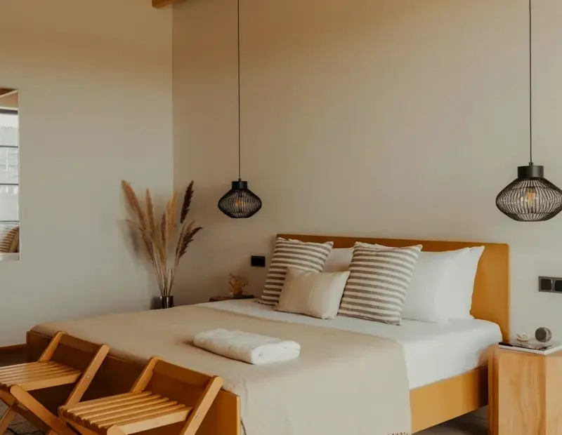 Industrial Bedroom Decor | Modern Minimalist with Wood Beams & Geometric Pendants