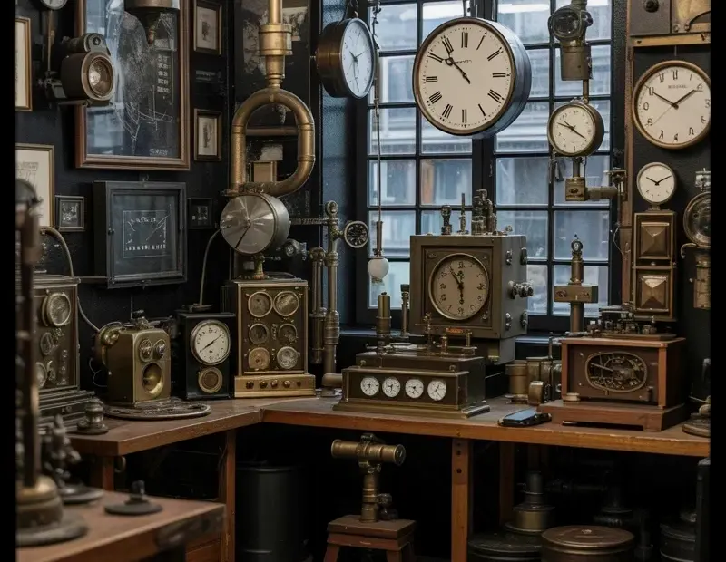 Steampunk Workshop Decor Ideas from a Real Industrial Clock-Filled Room