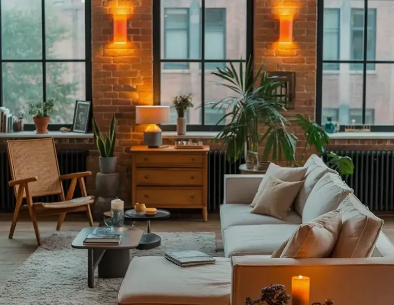 Industrial Loft Living Room with Brick Walls, Plants & Cozy Lighting