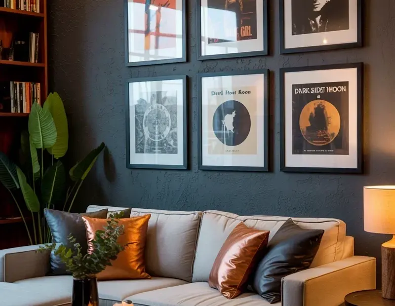 Music Themed Living Room Decor with Dark Gray Accent Wall | Cozy Fall Vibes