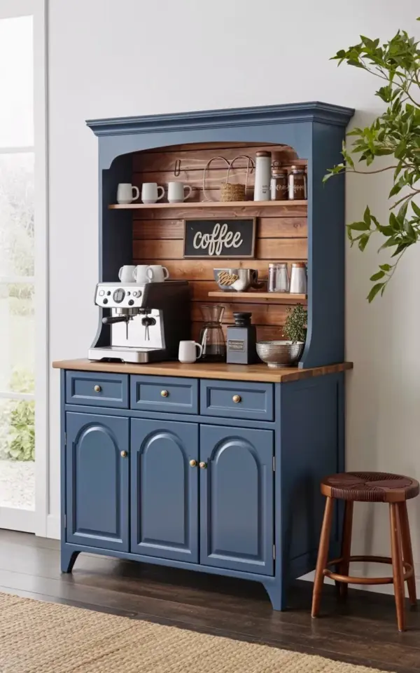 Navy Blue Industrial Farmhouse Coffee Bar Cabinet with Wood Accents | Winter Coffee Station Ideas