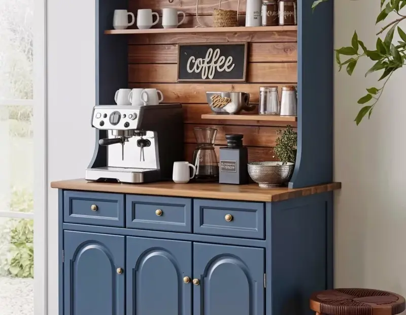 Navy Blue Industrial Farmhouse Coffee Bar Cabinet with Wood Accents | Winter Coffee Station Ideas