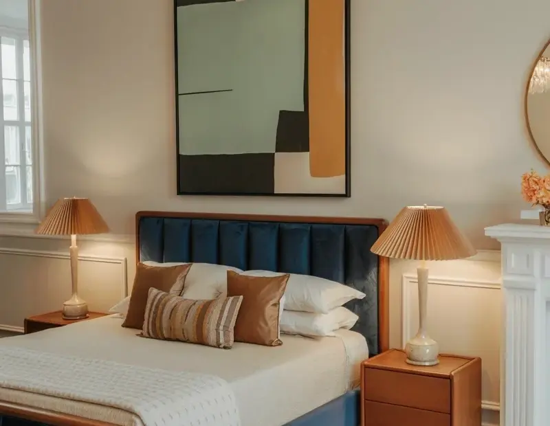 Industrial Home Decor Bedroom Ideas | Navy Blue Mid-Century Bed & Crystal Chandelier