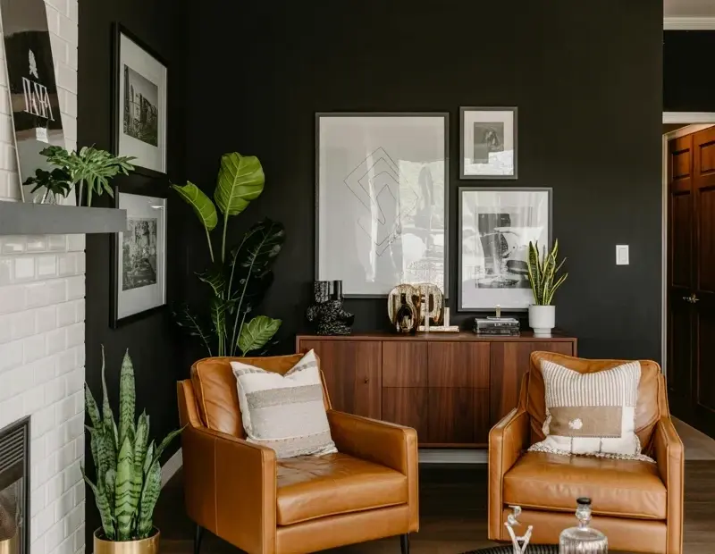 Don't Make This Black Accent Wall Mistake | Dark Living Room with Leather Chairs & Cowhide Rug
