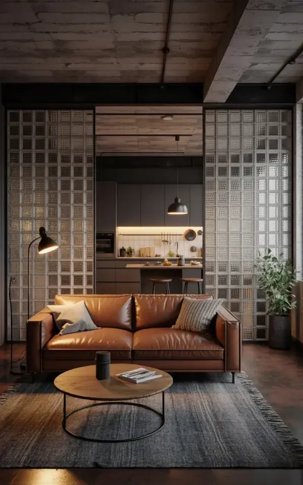 Industrial Loft Living Room with Glass Block Walls and Leather Sofa