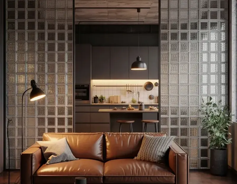 Industrial Loft Living Room with Glass Block Walls and Leather Sofa
