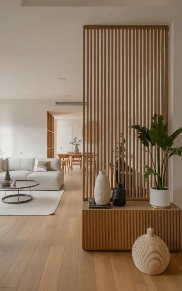 Wooden Room Divider on a Budget: Minimalist Slat Wall Idea for Living Room