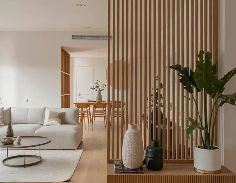 Wooden Room Divider on a Budget: Minimalist Slat Wall Idea for Living Room