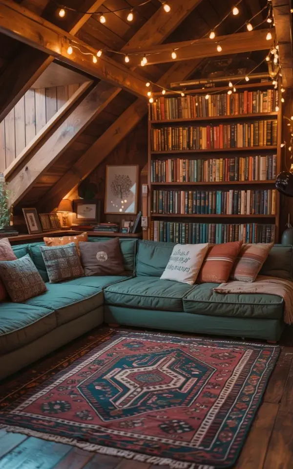 Cozy Attic Reading Nook Ideas with Exposed Beams & Teal Sectional | Industrial-Chic Vibes
