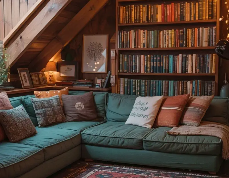 Cozy Attic Reading Nook Ideas with Exposed Beams & Teal Sectional | Industrial-Chic Vibes