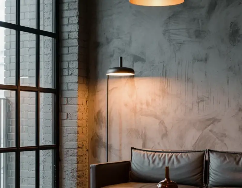 Industrial Living Room with Concrete Walls and Floor-to-Ceiling Windows