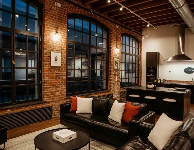 Industrial Loft Living Room Decor: Exposed Brick, Arched Windows, Black Leather Sofa