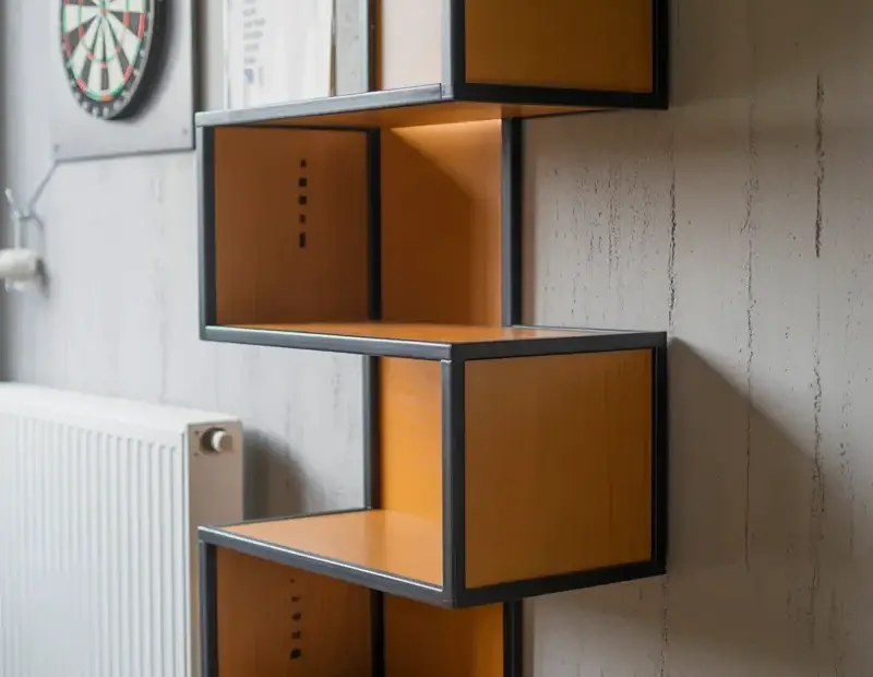 Geometric Wall Shelf for Game Room | Zigzag Shelf Above a Dartboard