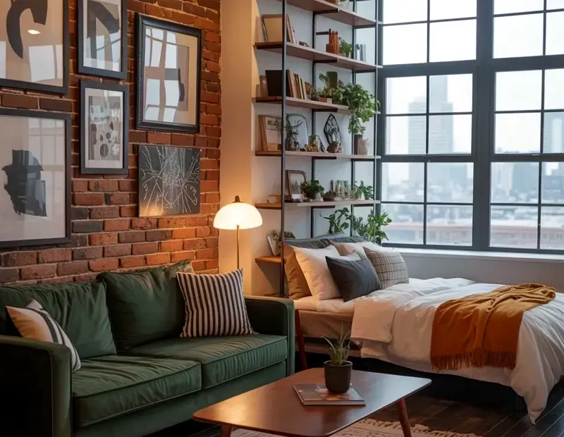 Industrial Loft Living Room Ideas | How to Style a Dark Green Sofa with Exposed Brick